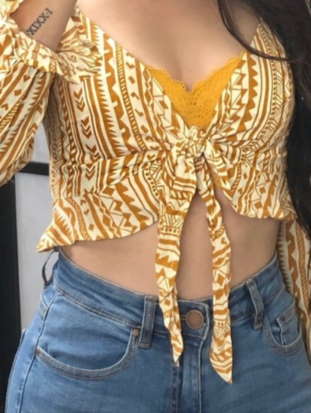 New Long-Sleeve Crop Top In Orange & Cream, Size M